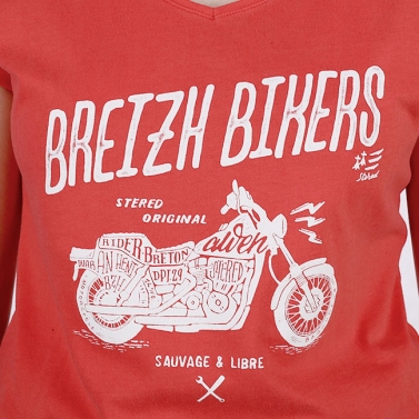 T-shirt Col V Breizh Bikers - Rouge Magma