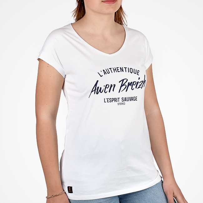 T-shirt Col V L'Authentique Awen Breizh - Blanc