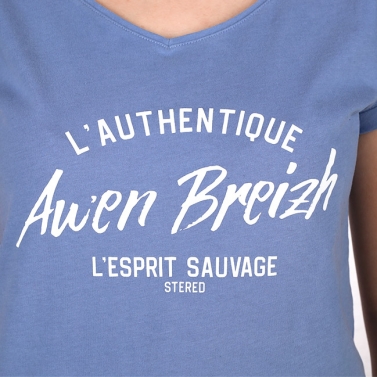 T-shirt Col V L'Authentique Awen Breizh - Bleu Denim